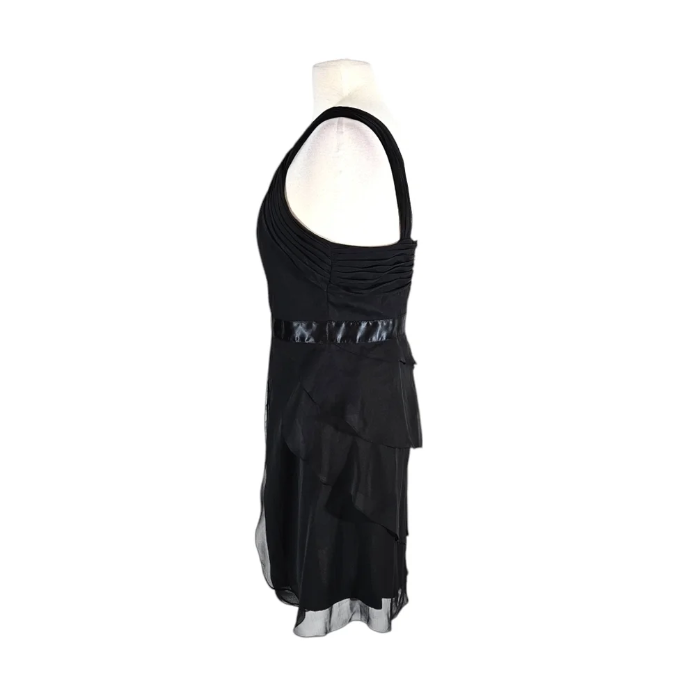 Adrianna Papell Flutter Chiffon Tiered Black One Shoulder Cocktail Dress